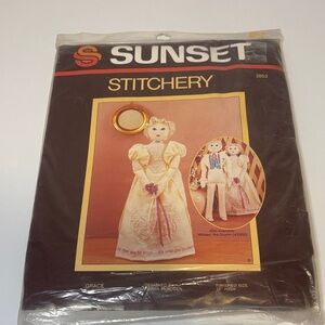 1980s vintage Sunset Stitchery embroidery kit featuring "Grace," a bride doll